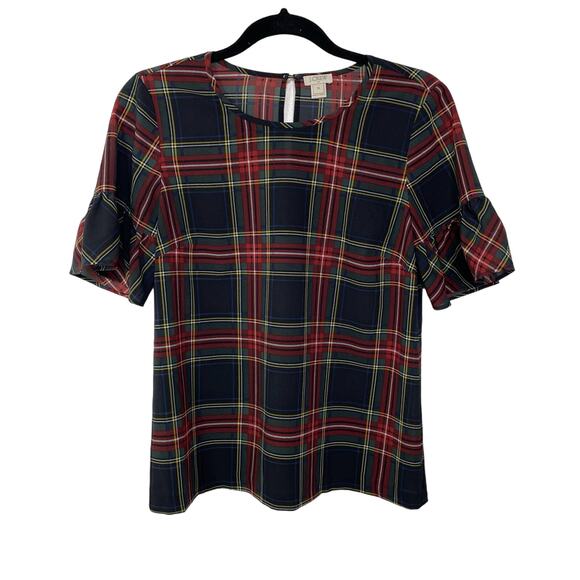 J. Crew Blouse Plaid Short Sleeves Ruffle Dark Academia School Girl Preppy XS - Picture 2 of 10